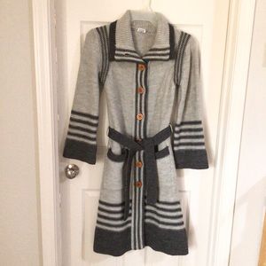 Cardigan Wood Button Up Front Knee-length Size Small Long Sleeve Belted